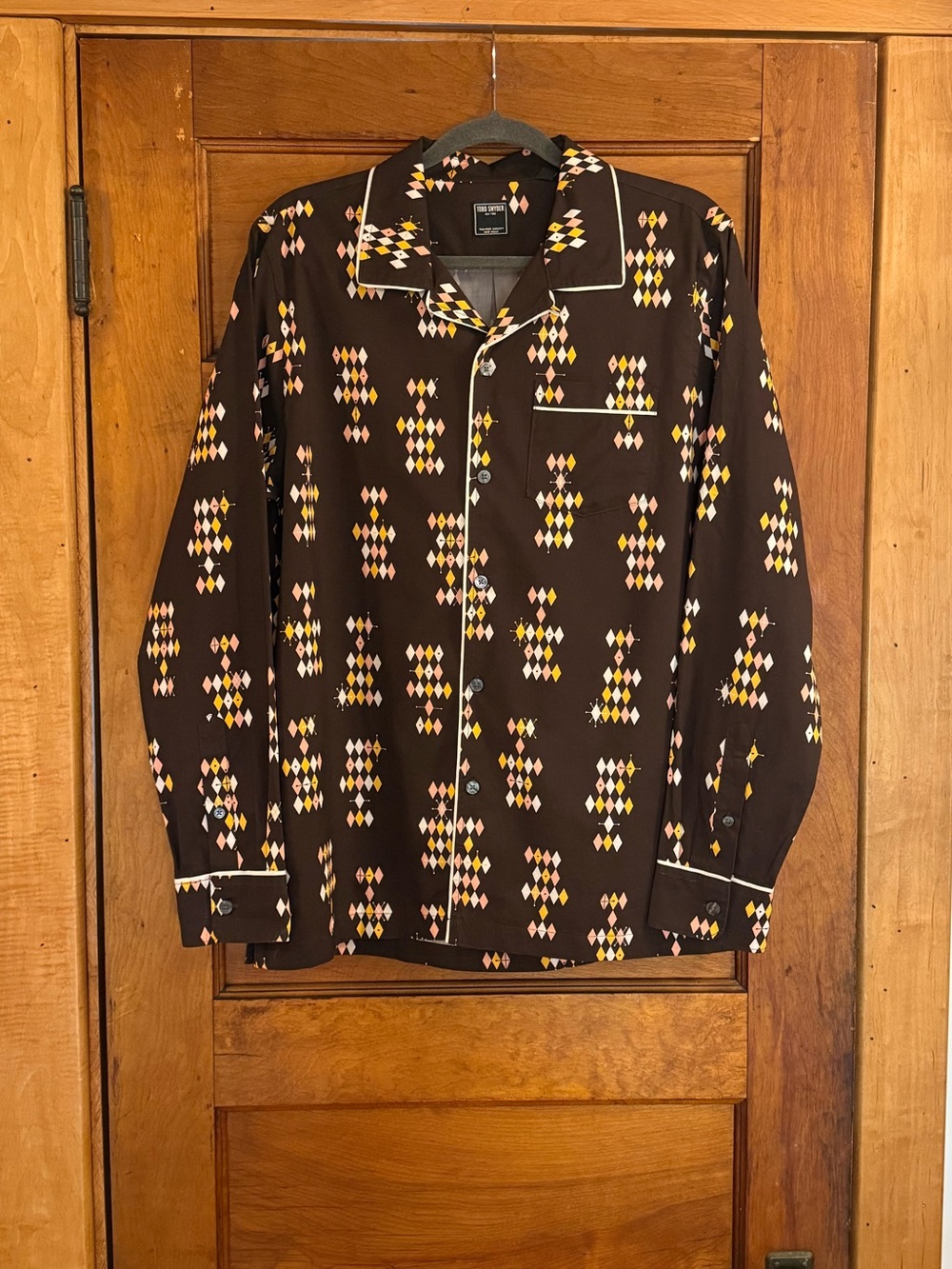 Todd Snyder Brown Button-Down Shirt with Yellow and Pink Diamond Print